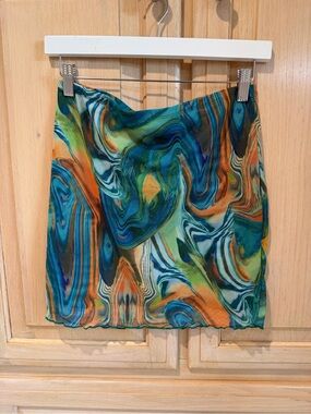 Teal Blue Green Orange Swirl Mini Skirt